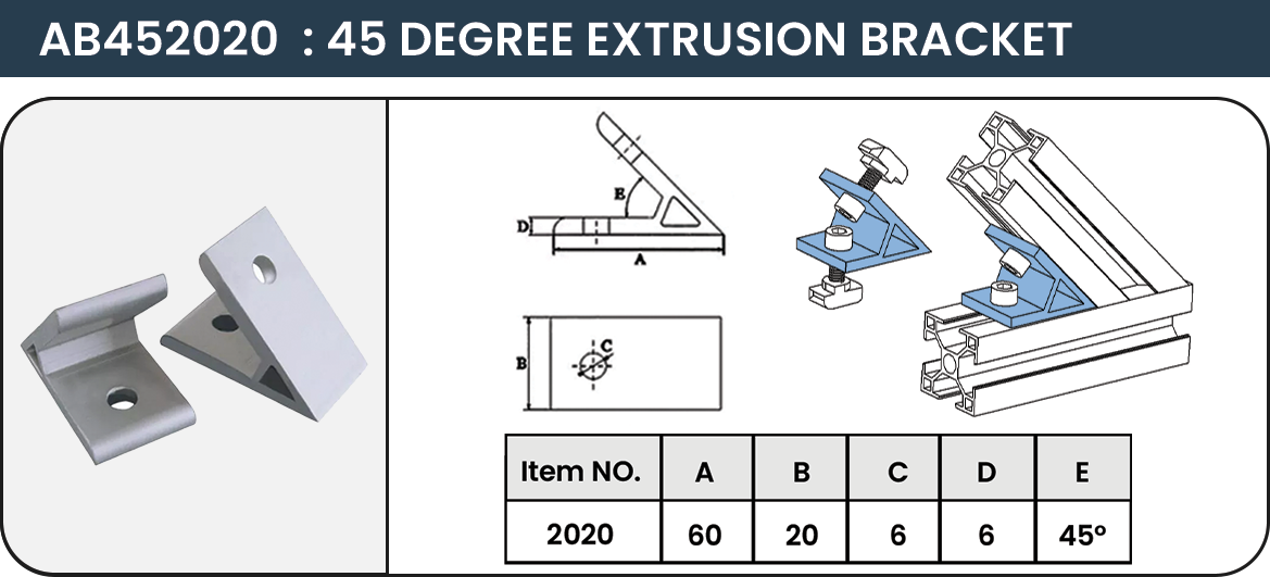 อลูมิเนียมโปรไฟล์ รุ่น AB452020 45 DEGREE EXTRUSION BRACKET