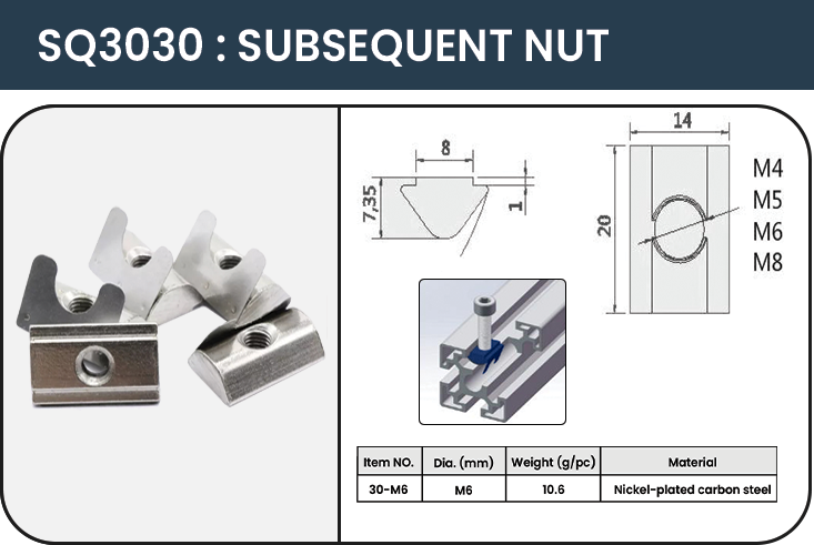 อลูมิเนียมโปรไฟล์ รุ่น SQ3030  SUBSEQUENT NUT